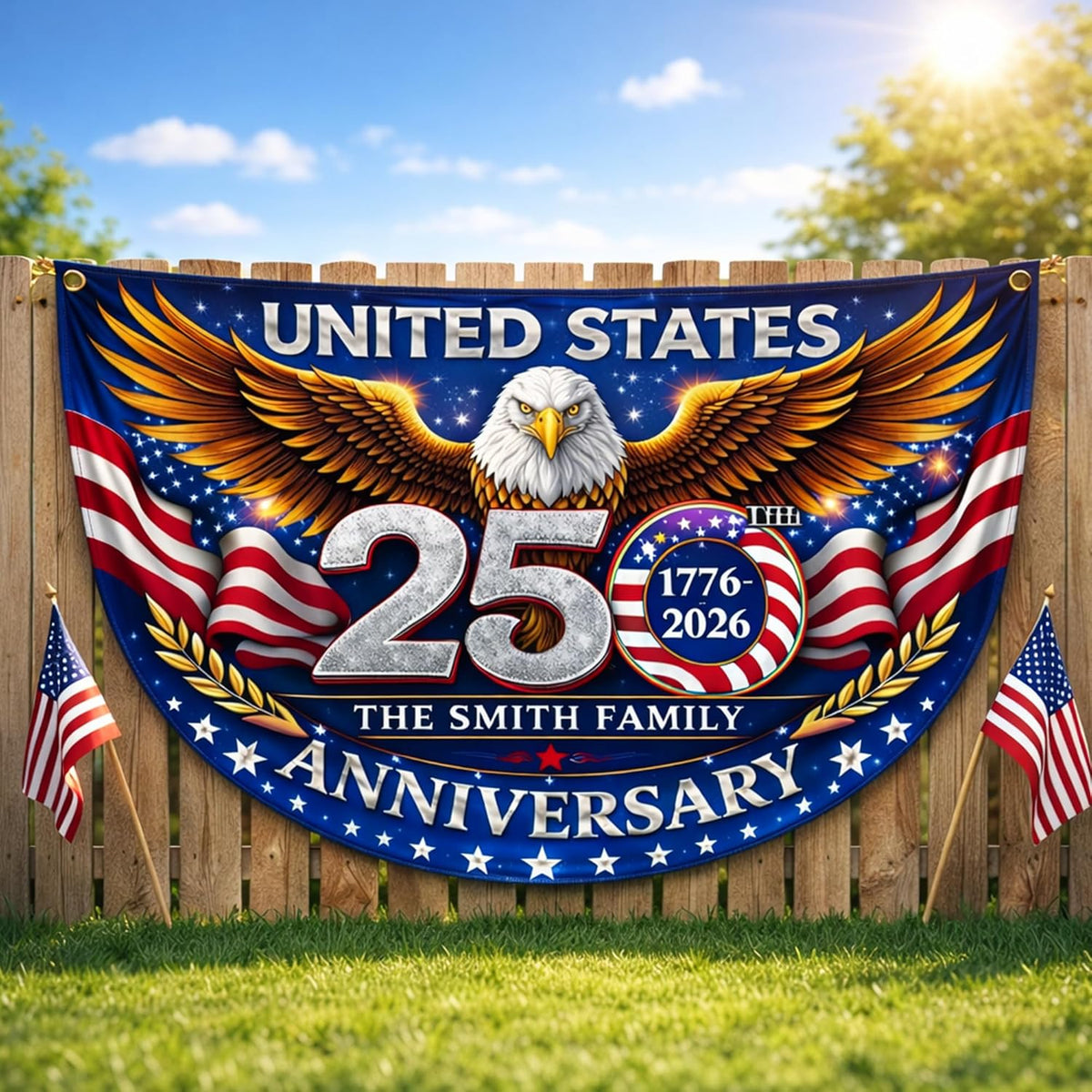 Personalized USA 250th Anniversary Bunting Flag with Family Name, Custom America 250th Birthday Bunting Flag, America 1776 2026 Patriotic Eagle Design Banner, 4th of July Decor
