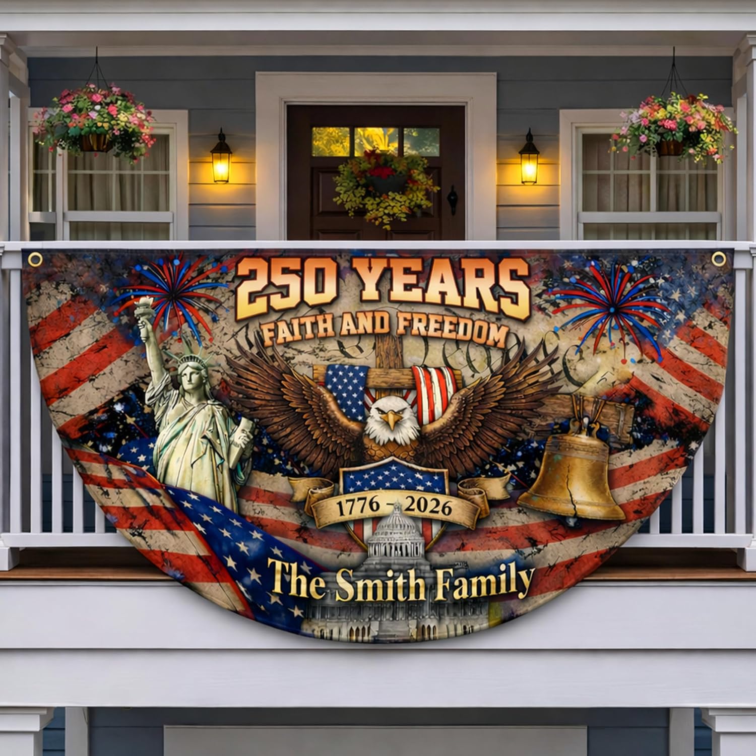 Personalized USA 250th Anniversary Bunting Flag with Family Name, Custom America 250th Birthday Bunting Flag, America 1776 2026 Patriotic Eagle Design Banner, 4th of July Decor