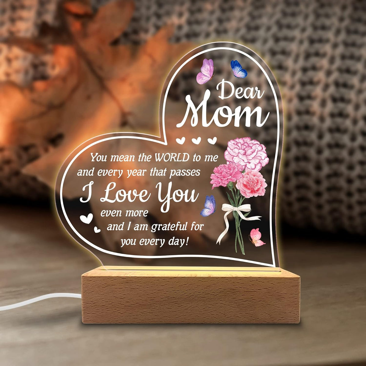 Acrylic Night Light - You Mean The World to Me - Acrylic Light Gift for Mom from Son, Daughter on Mothers Day - Birthday Gifts to Mom
