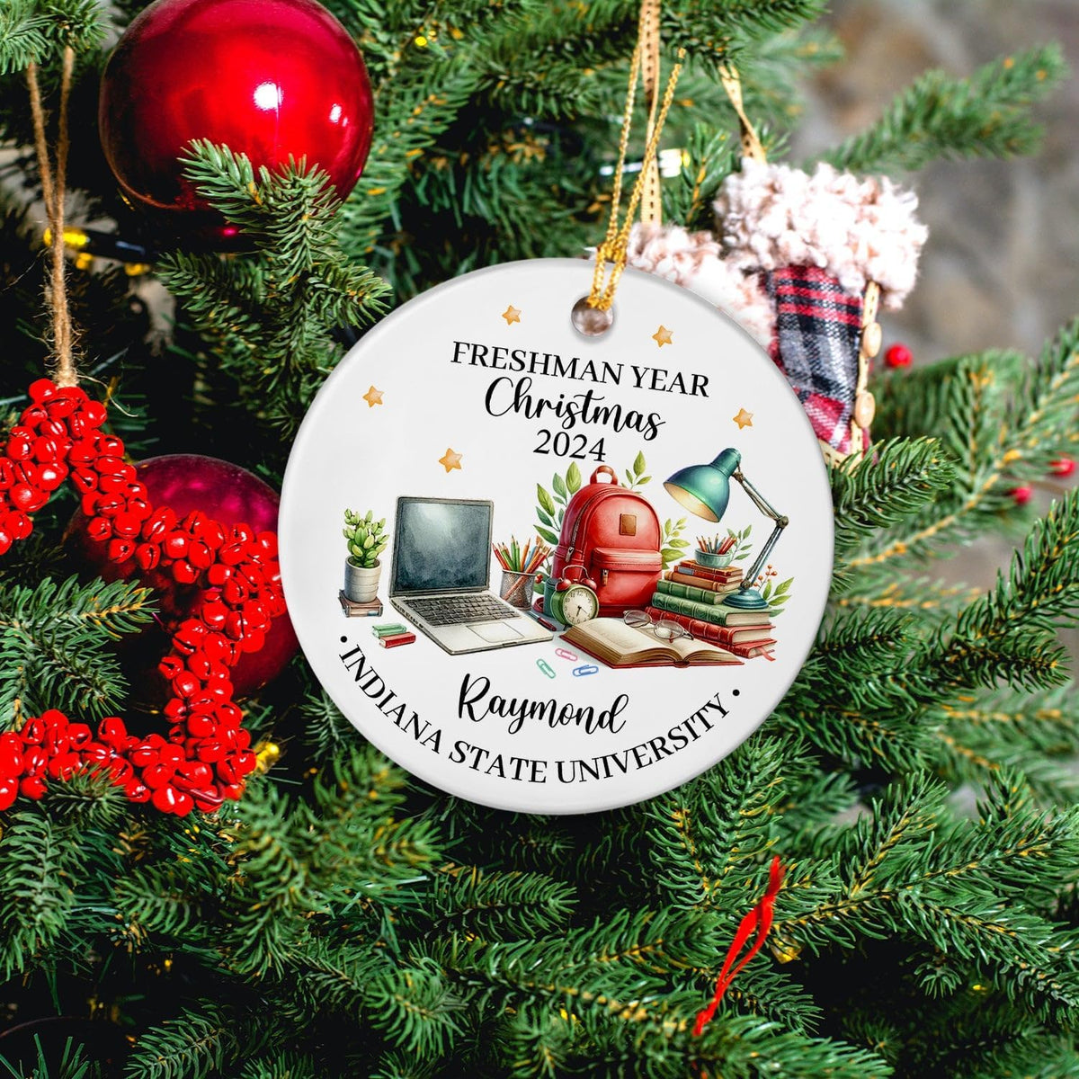 Customized Name First Christmas As A College Freshman Ceramic Ornament 2025, Personalized University Ornament Gift for Students Friends