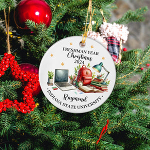 Customized Name First Christmas As A College Freshman Ceramic Ornament 2025, Personalized University Ornament Gift for Students Friends