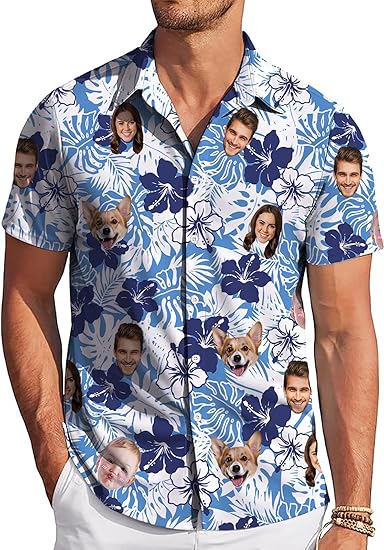 Hawaiian Shirt with Face Custom for Men Women Personalized Floral Aloha Button Down Shirt,Customized Gifts for Dad