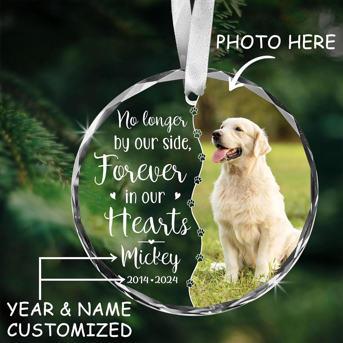 Personalized Memorial Pet Glass Ornament - Custom Photo, Name & Dates - Forever in Our Hearts Valentine's Day Tribute for Your Dogs- Valentine's Gift for Dog Loves