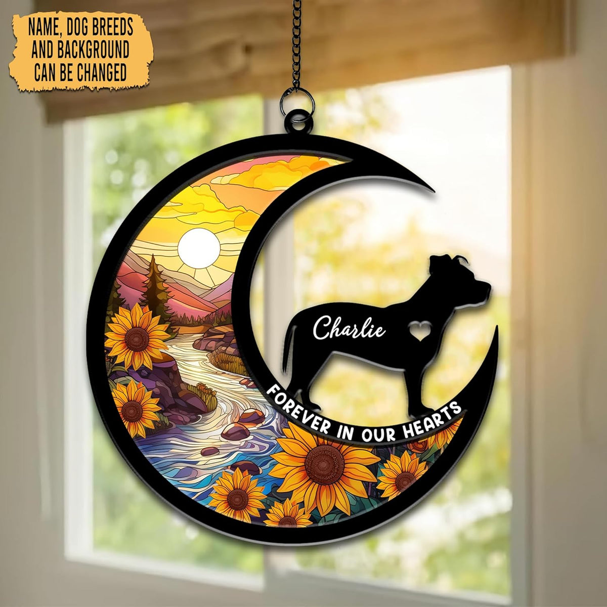 Forever In Our Heart Personalized Dog Memorial Suncatcher - Gift for Pet Lover - Pet Loss Gift - Hanging Indoor Window Decor - Custom Dog Breed Suncatcher Ornament