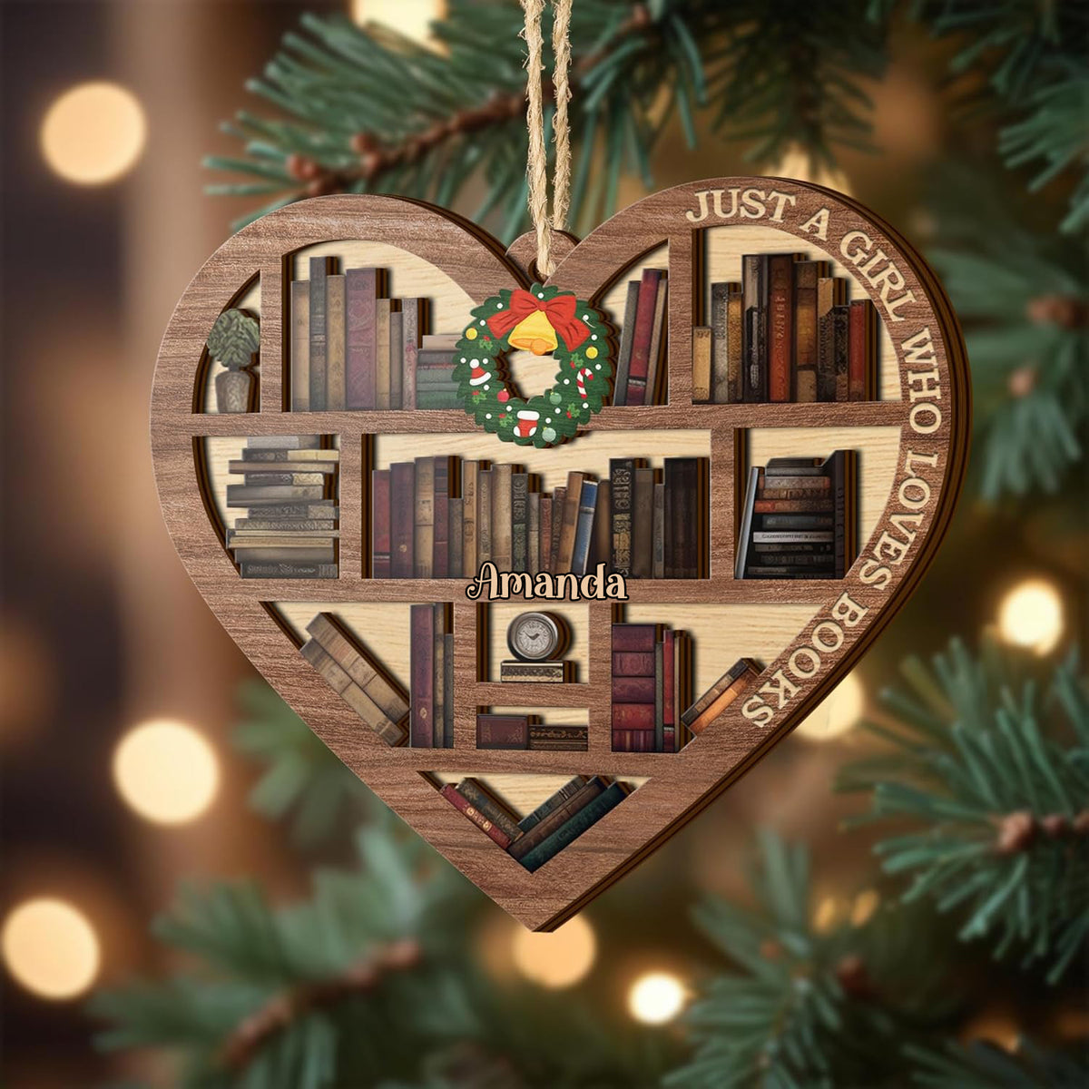 Book Lovers Ornaments, Bookshelf Heart Christmas Book Ornament 2 Layer Wood Ornament , Gift for Girl Book Lovers, Gift Idea for Christmas