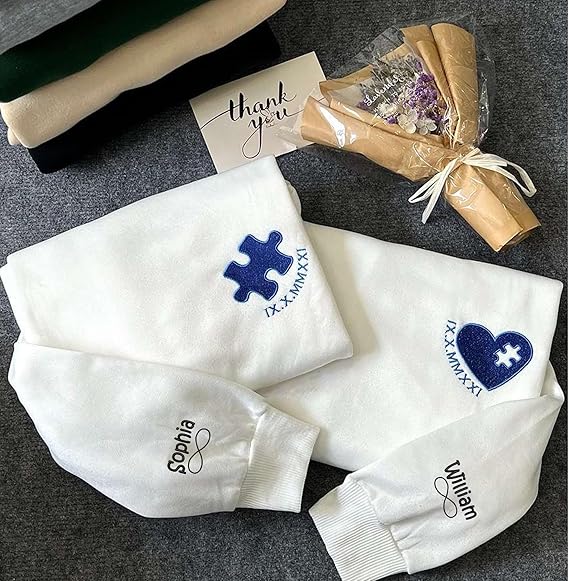 Custom Embroidered Perfect Heart and Puzzle Piece Roman Numeral Sweatshirt Hoodie, Custom Name for Couple, Custom Letter Name On Sleeve, Gifts for Him Her, Matching Couples Hoodies
