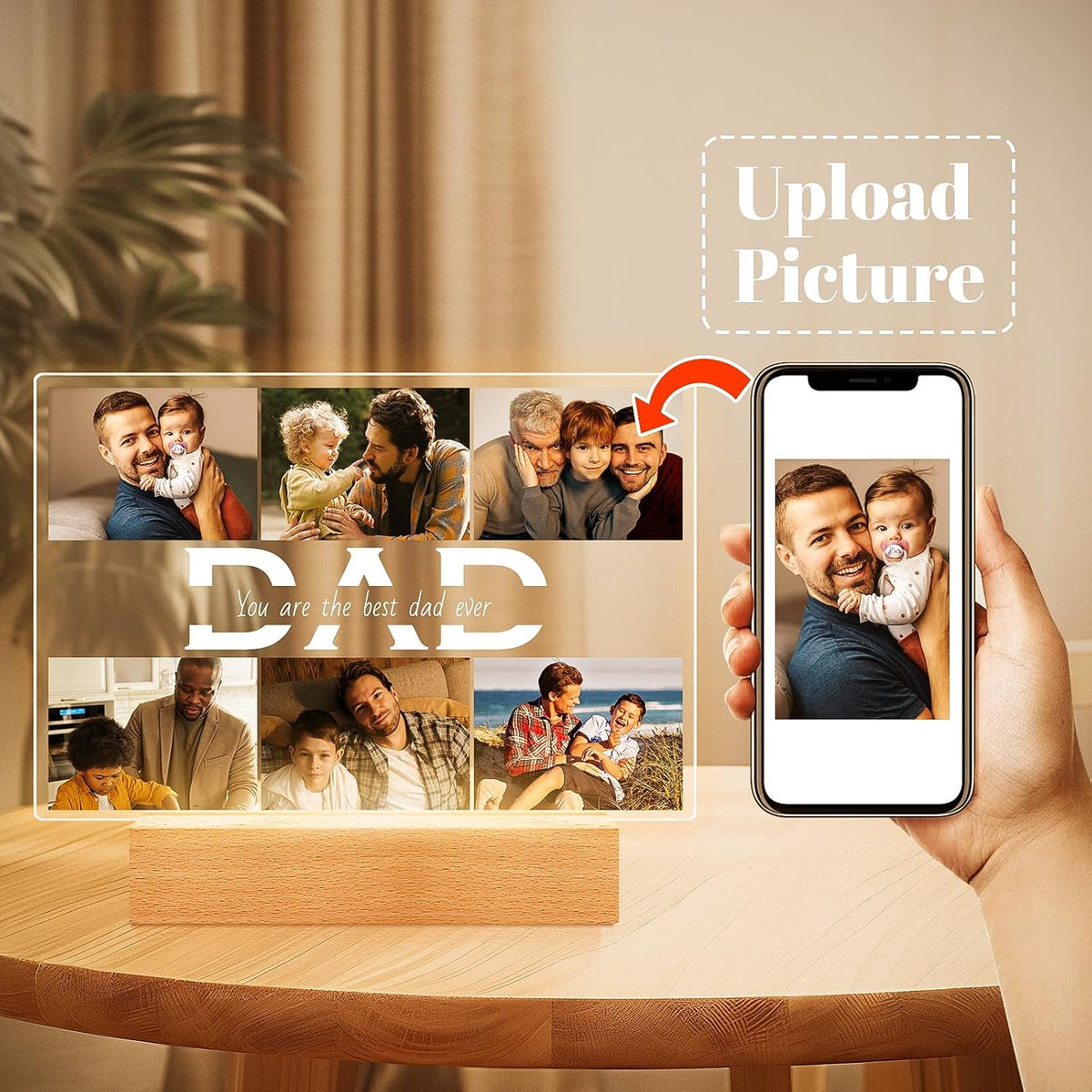 Personalized Father's Day Gifts for Dad from Daughter Son, Customized Picture Frames with Photos, Custom Photo Frame with Night Light, Personalized Dad Gifts for Birthday Fathers Day