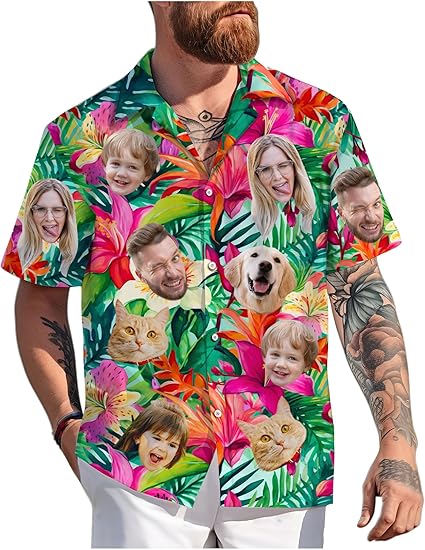 Custom Hawaiian Shirt with Face Photo Picture for Men Women Kids Youth Adult, Tropical Personalized Hawaiian Shirts Gift