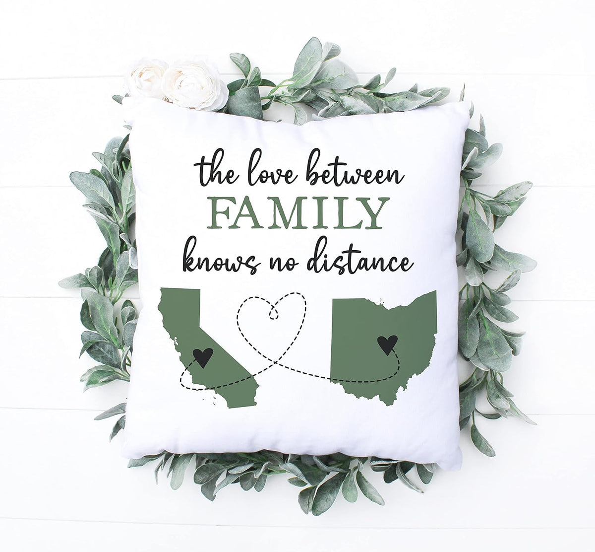 Personalized The Love Between Family Knows No Distance Pillow | Two State or Country Long Distance Family | Grandparents In Laws Moving Away Mother's Day