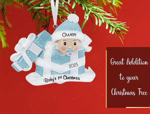 Personalized Baby's First Christmas Ornament 2025 | Custom Baby Boy in Blue Girl In Pink Present Xmas Tree Decoration Newborn New Grandbaby My 1st Year Ornament