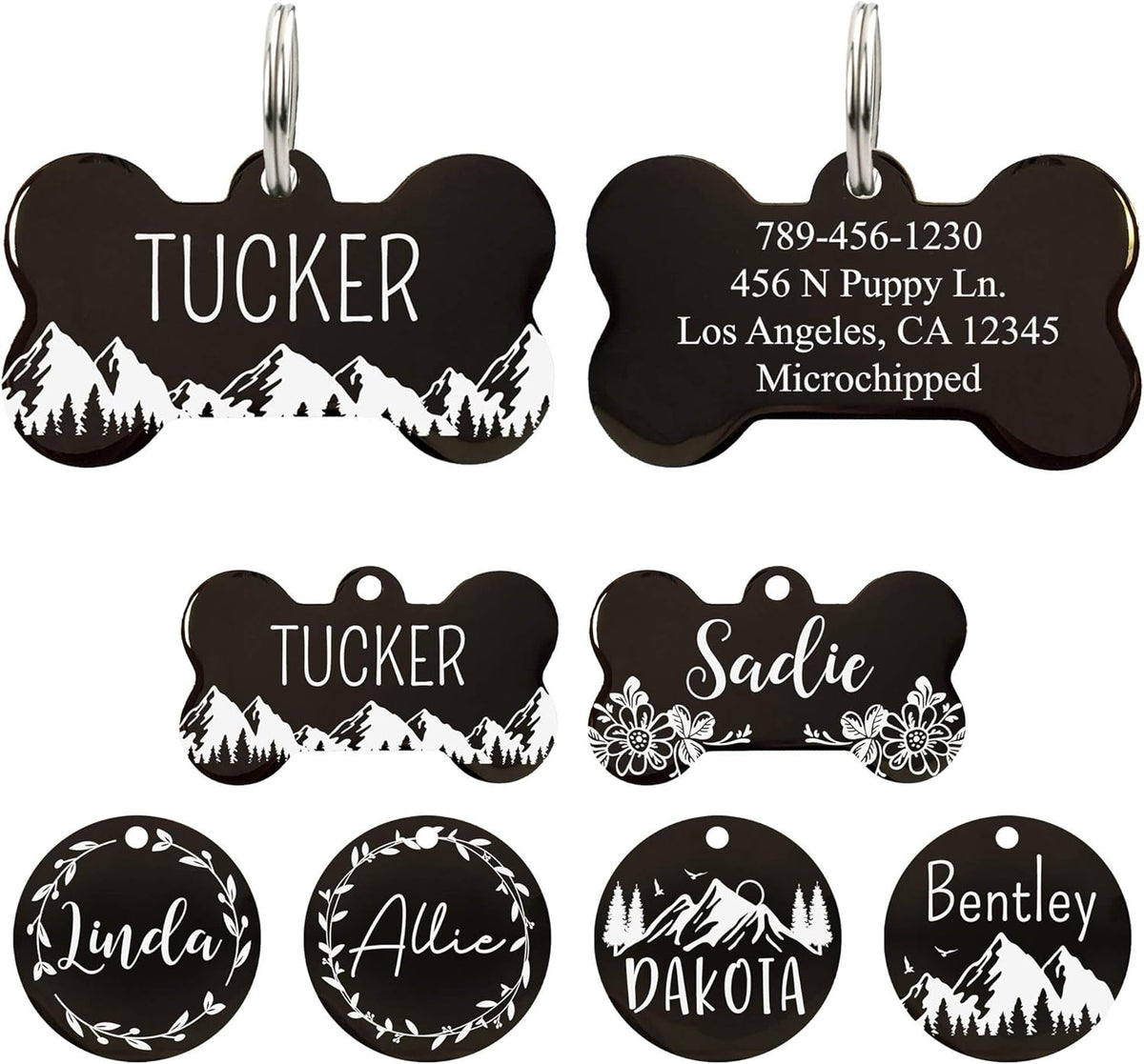 Stainless Steel Pet ID Tag Dog Name Tags Personalized Front and Back Engraving, Customized Dog Tags and Cat Tag, Optional Engraved on Both Sides, Bone Tag with Mountain Design, Large