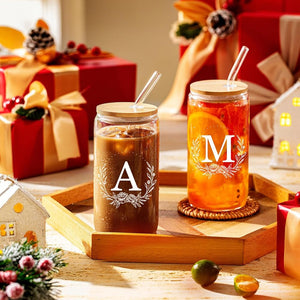 Personalized Gifts for Women, Monogrammed 16oz Glass Cups with Bamboo Lids and Straws, Customized Glass Tumbler, Cute Custom Mug, Customizable Initial Iced Coffee Glasses, Birthday Bridesmaid Mom