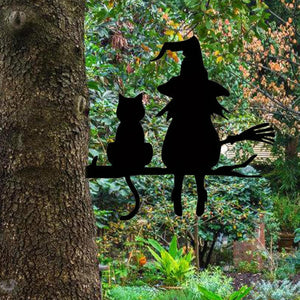 Witch Cat Garden Sign, Black Cat Halloween Decor, Waterproof Metal Yard Signs, Scary Garden Silhouette Creative Stylish Metal Yard Decor for Lawn, Yard, Outdoor Halloween