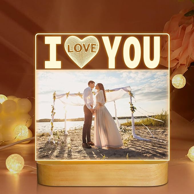 I Love You Light up Photo Frame with Warm LED Night Light, Memory Gifts for Couple Valentine Day Wedding Anniversary Present