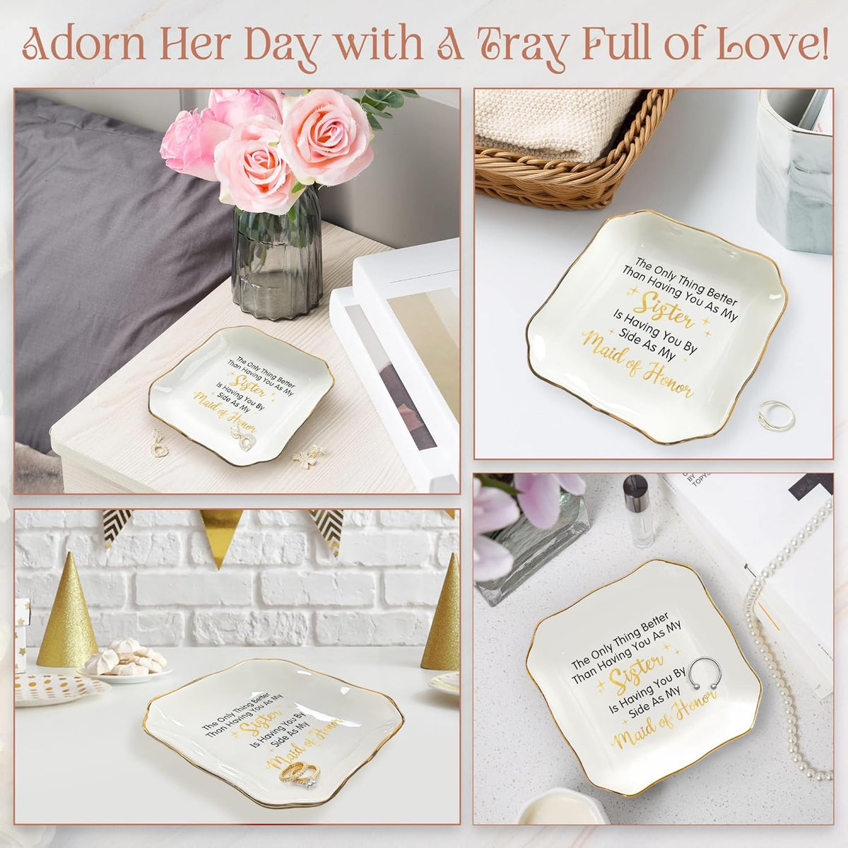 Maid of Honor Gifts for Women - Ceramic Jewelry Dish Tray - Wedding Bridesmaid Gifts for Sister, Ring Holder for Women, Jewelry Tray for Maid of Honor Proposal, Bridesmaid Gift Ideas