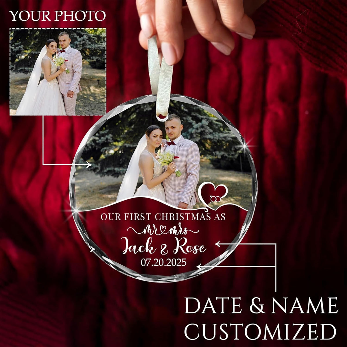 First Christmas Married Ornament 2025 Custom Mr and Mrs Photo Ornament Personalized Wedding Gift with Picture Name Date Couple Glass Keepsake