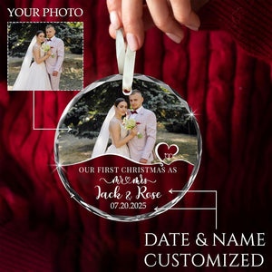 First Christmas Married Ornament 2025 Custom Mr and Mrs Photo Ornament Personalized Wedding Gift with Picture Name Date Couple Glass Keepsake
