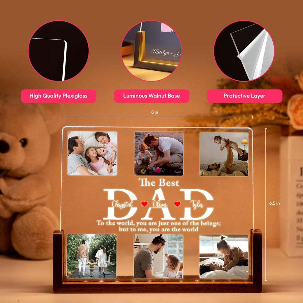 Personalized Gifts for Dad, Father's Day Gifts from Daughter Son Wife, Acrylic LED Night Light with Picture, Dad Night Light, Gifts for Dad Who Wants Nothing, Christmas Birthday Gifts for Dad