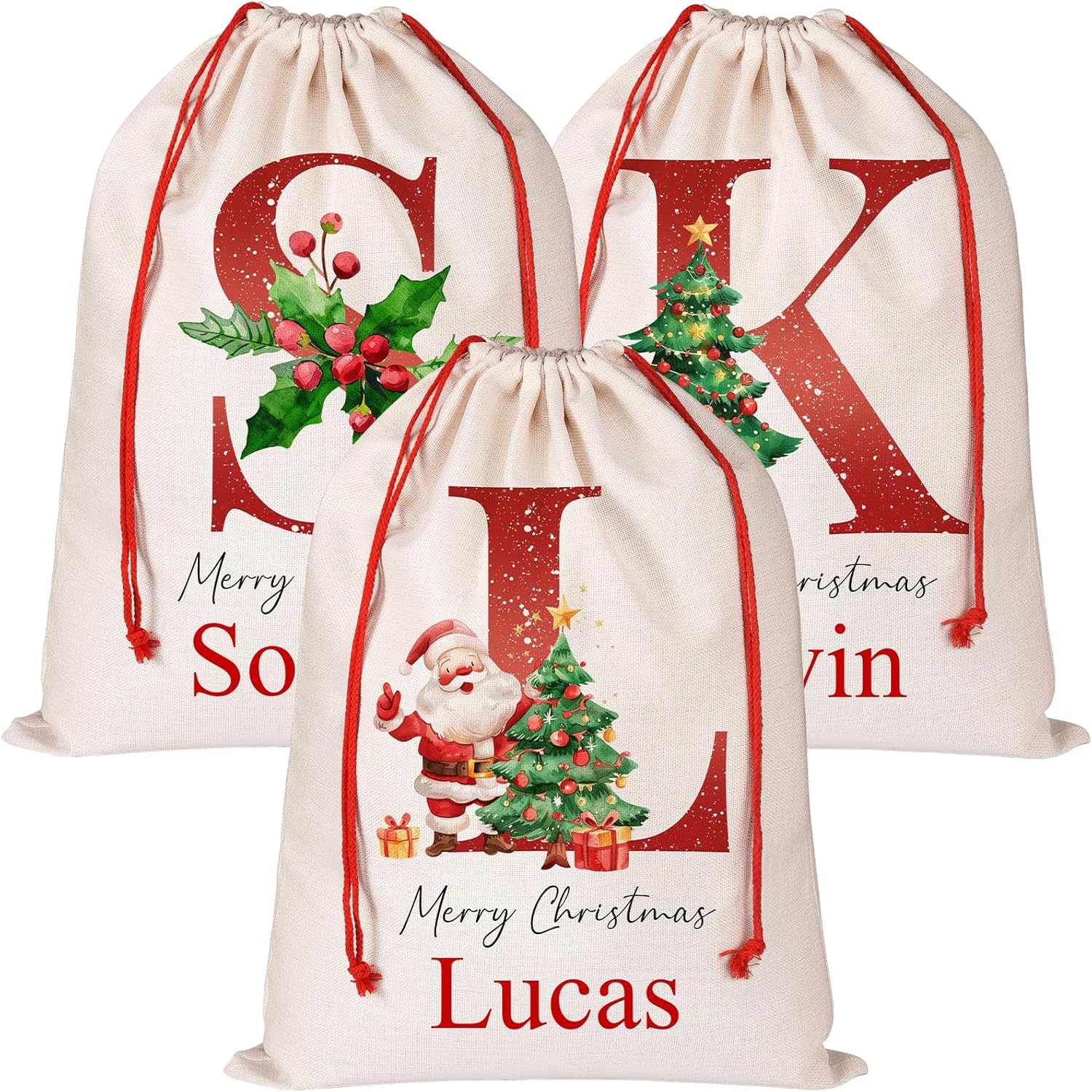 Personalized Santa Sack with Initial & Name, Custom Monogram Alphabet Large Christmas Gift Bag Pouch Customized Christmas Eve Box Sack Bags for Holiday Presents Storage