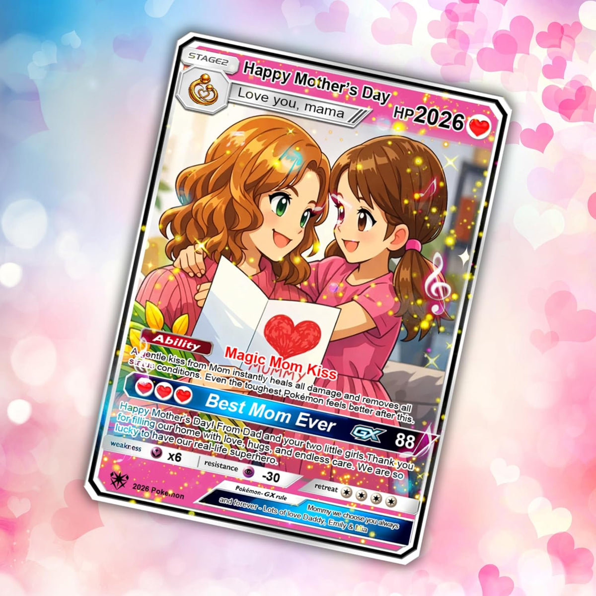 Custom Poke Cards for Mommy | Birthday Card for Mom from Daughter | Custom Trading Cards Personalized Gift | Cute Anime Style Special Keepsake for Mother | Gifts to My Mega Mom