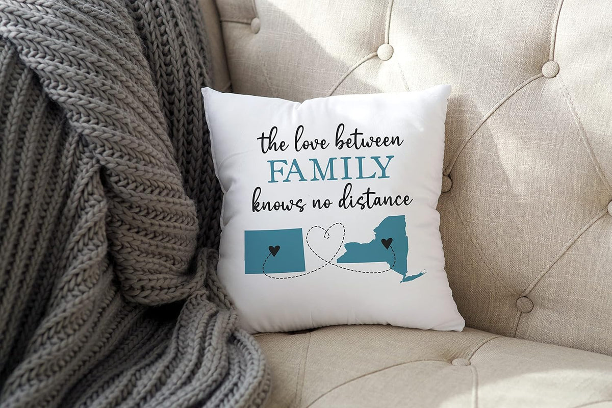 Personalized The Love Between Family Knows No Distance Pillow | Two State or Country Long Distance Family | Grandparents In Laws Moving Away Mother's Day