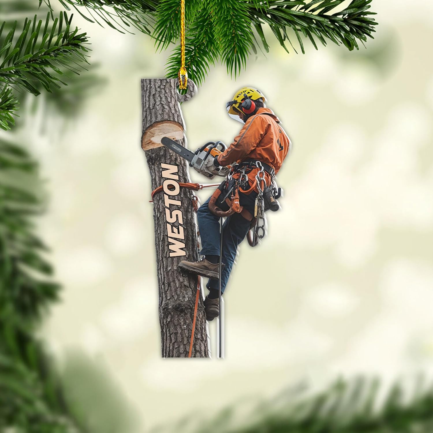 Personalized Arborist Ornament, Custom Chainsaw Tree Decoration, Holiday Keepsake Gift for Tree Climbers, Lumberjacks, Forestry Workers, Gardeners, Outdoor Lovers, Woodcutting Enthusiasts