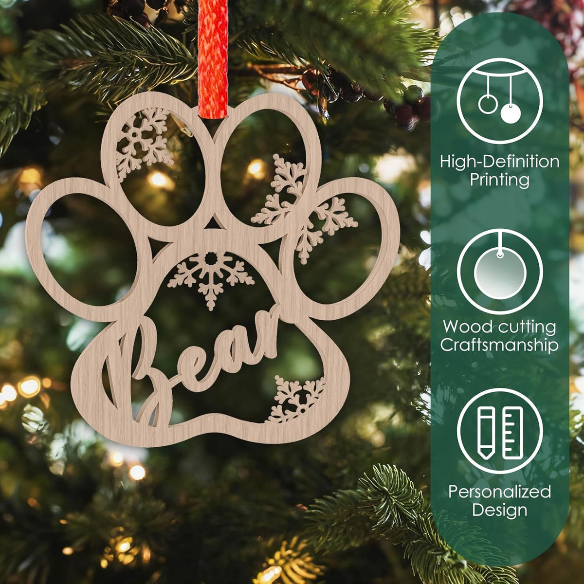 Custom Dog Paw Ornament-Personalized Christmas Ornaments, Wooden Dog Ornaments for Christmas Tree, Pet Lover Gifts