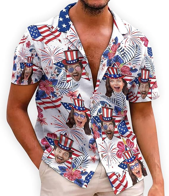 Custom Photo Patriotic Short Sleeve Hawaiian Shirt with Face, Personalized Photo Independence Day Hawaiian Shirt Funny 4th of July Mens and Womens, American Flag Shirts, Custom USA Shirts