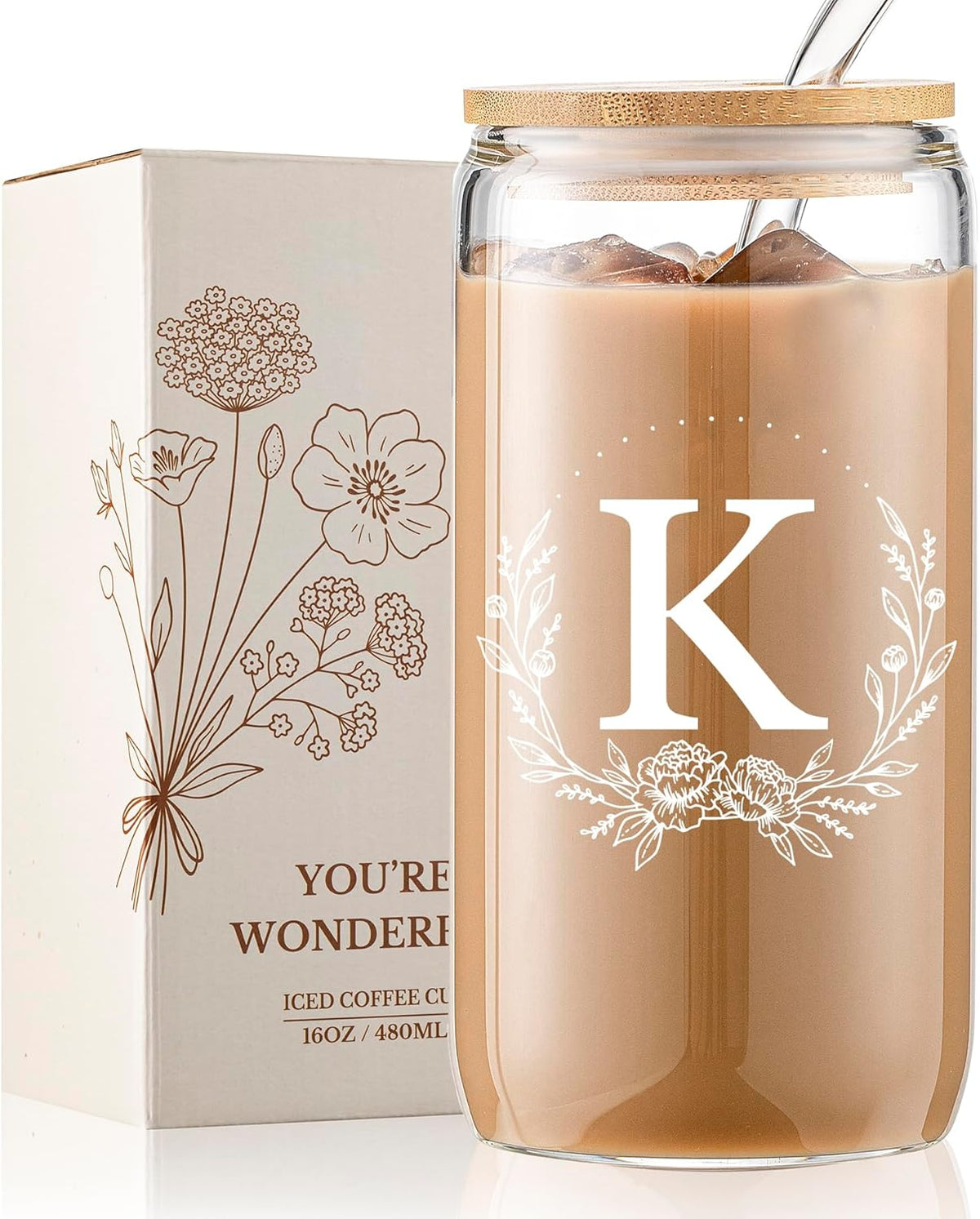 Personalized Gifts for Women, Monogrammed 16oz 11oz 20oz Glass Cups with Bamboo Lids and Straws, Customized Glass Tumbler, Customizable Initial Iced Coffee Glasses, Birthday Bridesmaid Mom