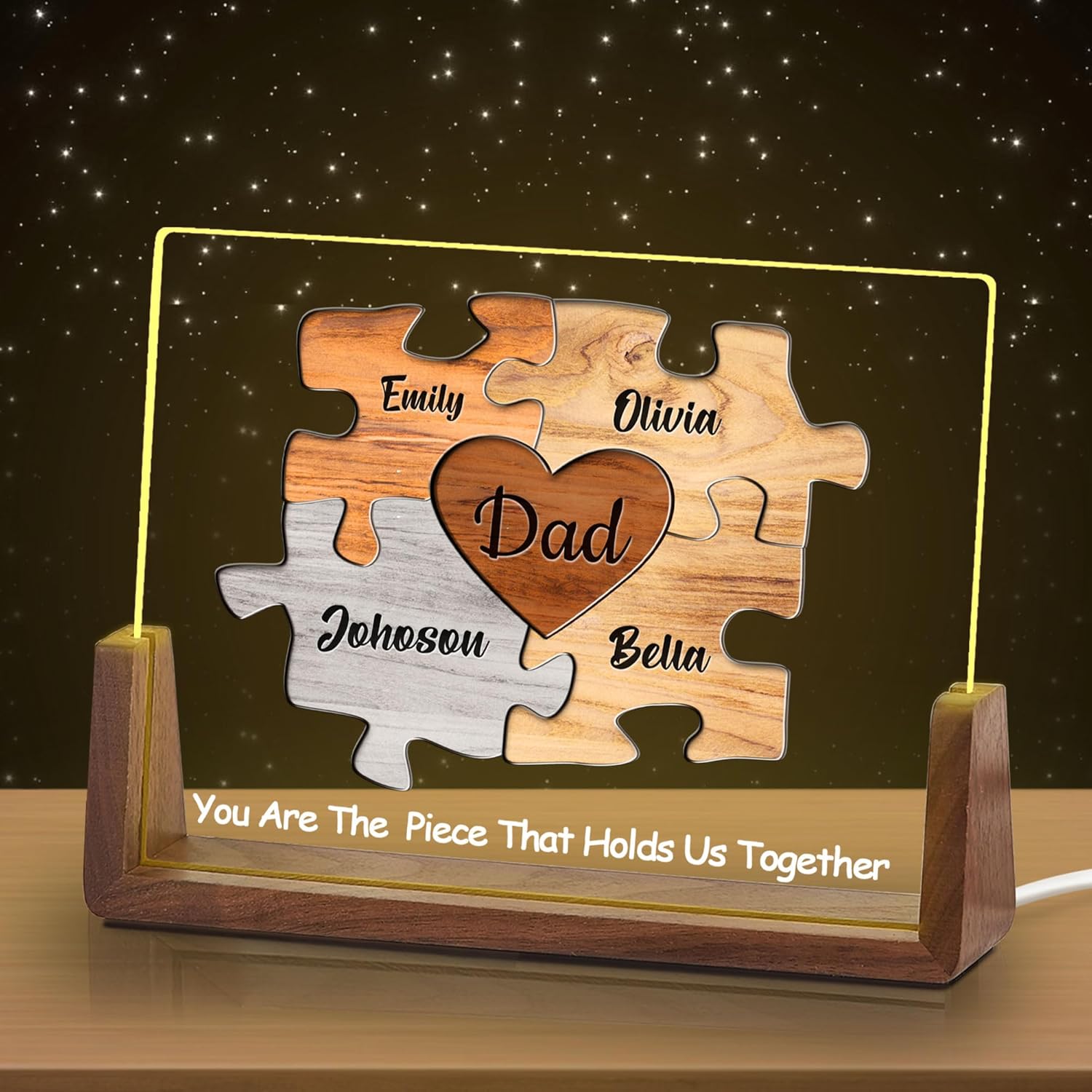 Personalized Fathers Day Ideas Gifts from Daughter Son Wife Kids, Custom Puzzle Acrylic Plaque with Name LED Light Walnut Base, Customized Christmas Birthday Gifts for Dad Husband