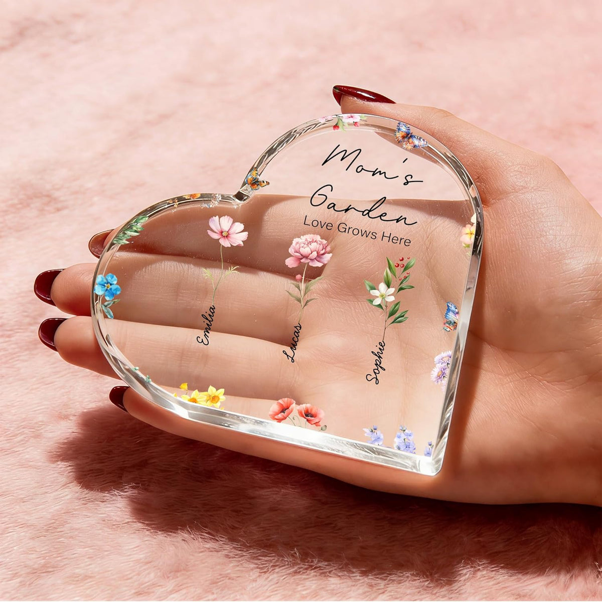Personalised Birth Flower Butterfly Heart Acrylic Plaque with Name and Text Home Decor Mother's Day Birthday Gift for Grandmother Family