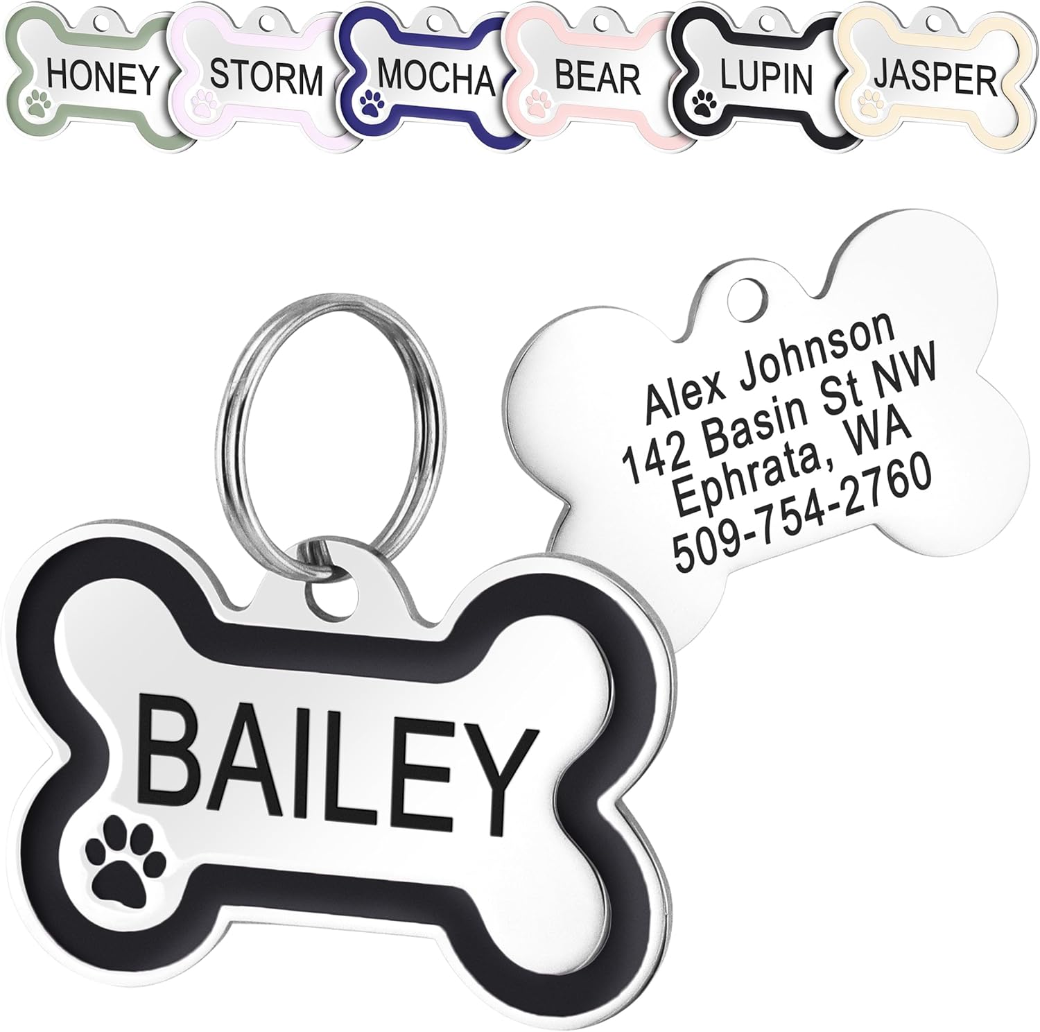 GoTags Stainless Steel Bone Dog Tag with Color Outline and Paw Print, Personalized Pet ID Tag for Dogs and Cats, Custom Engraving with up to 5 Lines of Text on Both Sides