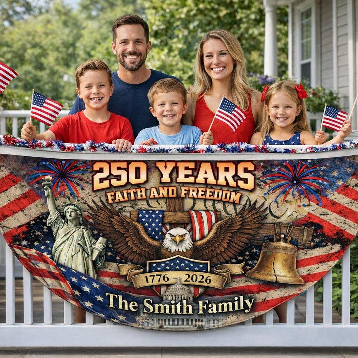 Personalized USA 250th Anniversary Bunting Flag with Family Name, Custom America 250th Birthday Bunting Flag, America 1776 2026 Patriotic Eagle Design Banner, 4th of July Decor