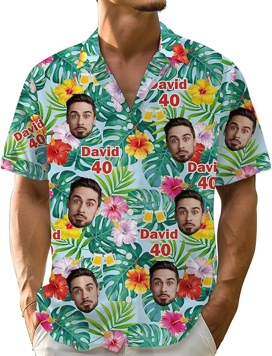 Birthday Custom Age Personalized Hawaiian Shirt with Face, Custom Photo Shirt, Button Up Shirts for Men