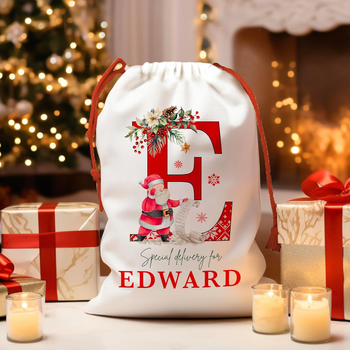 Custom Initial Christmas Santa Sack, Personalized Xmas Gift Pouch, Monogrammed Drawstring Bag