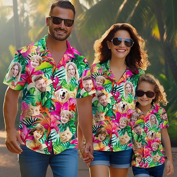 Custom Hawaiian Shirt with Face Photo Picture for Men Women Kids Youth Adult, Tropical Personalized Hawaiian Shirts Gift