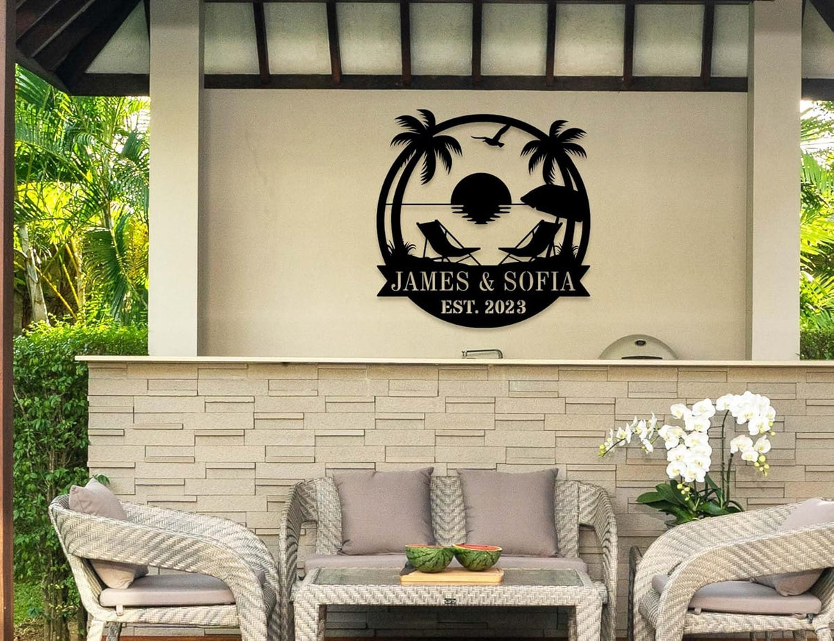 Personalized Beach Metal Monogram Sign, Custom Palm Trees Metal Couple Names Sign, Outdoor Metal Family Name Sign, Custom Couple Names Sign, Beach Coastal House Decor