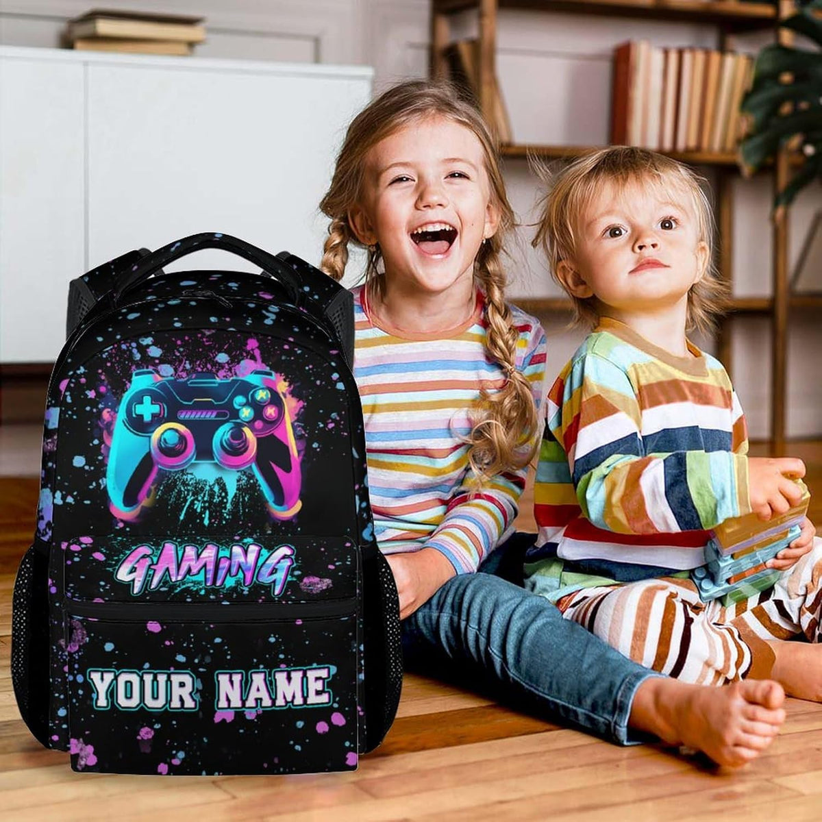 Custom Backpack for Boys - Aesthetic Gaming Backpack for Kids - Black Lightweight Durable Bookbag for Elementary School