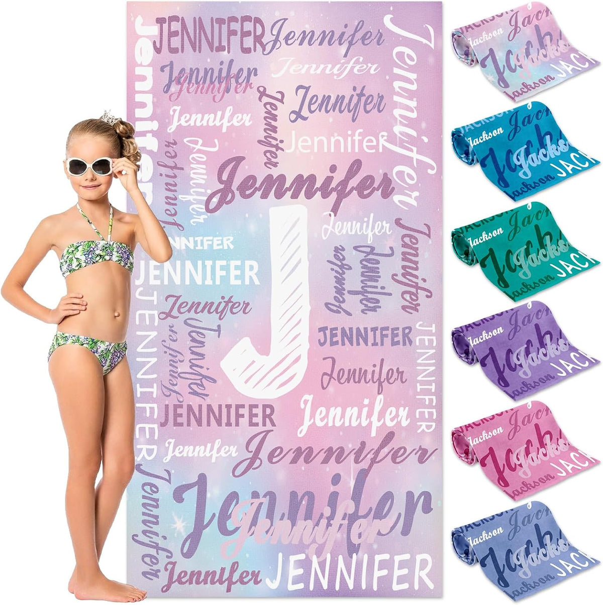 Personalized Kids Beach Towels Custom Sand Free Microfiber Beach Towel with Names & Monogram Customized Quick Dry Pool Towels for Girls Boys Standard Size Easter Gifts for Kids