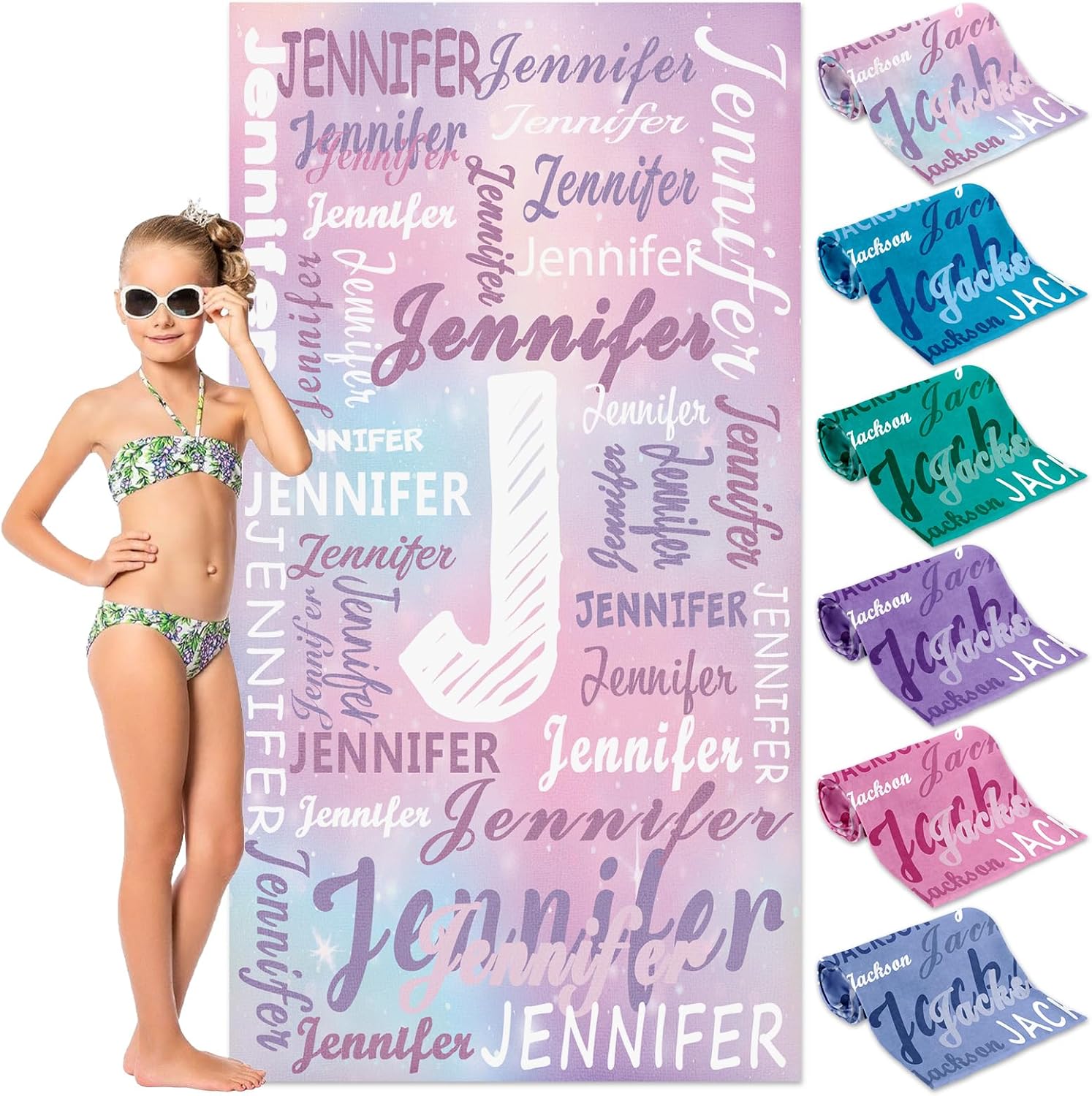 Personalized Kids Beach Towels Custom Sand Free Microfiber Beach Towel with Names & Monogram Customized Quick Dry Pool Towels for Girls Boys Standard Size Easter Gifts for Kids