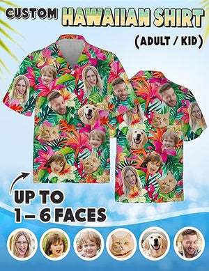 Custom Hawaiian Shirt with Face Photo Picture for Men Women Kids Youth Adult, Tropical Personalized Hawaiian Shirts Gift