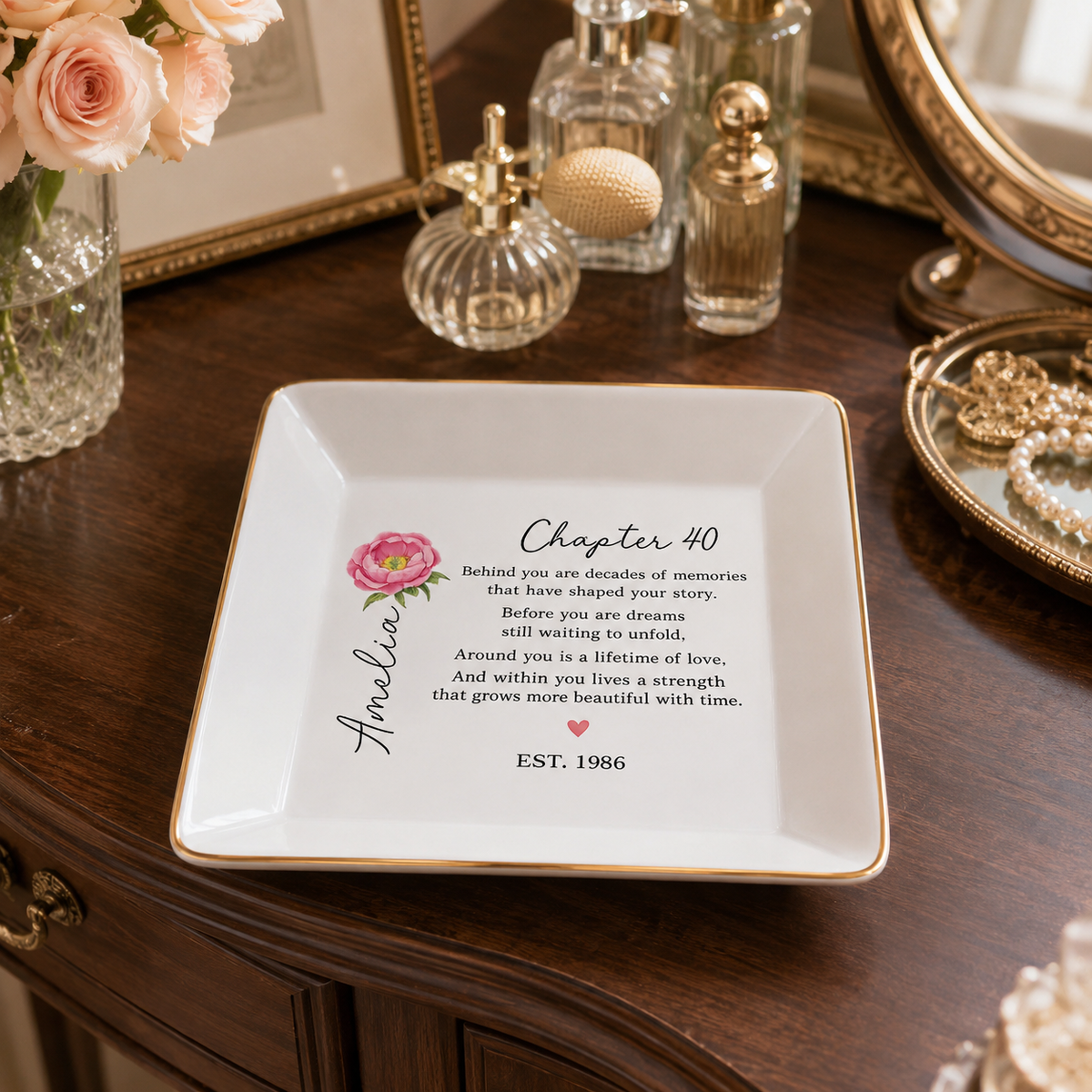 40th Birthday Gift For Women, Custom Birth Flower Ring Dish, Personalized Jewelry Dish, 40th Mom Gift Aunt Gift