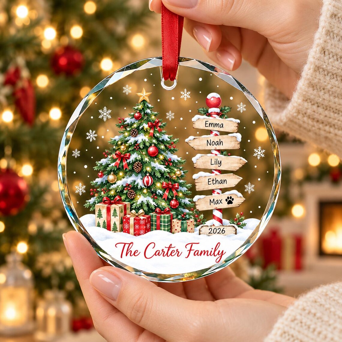 Personalized Family Glass Ornament, Custom Christmas Tree Signpost Keepsake With Kids Names, Pet Name and Year 823f3660-71f7-4b09-af23-3c5d373fd907-6.jpg