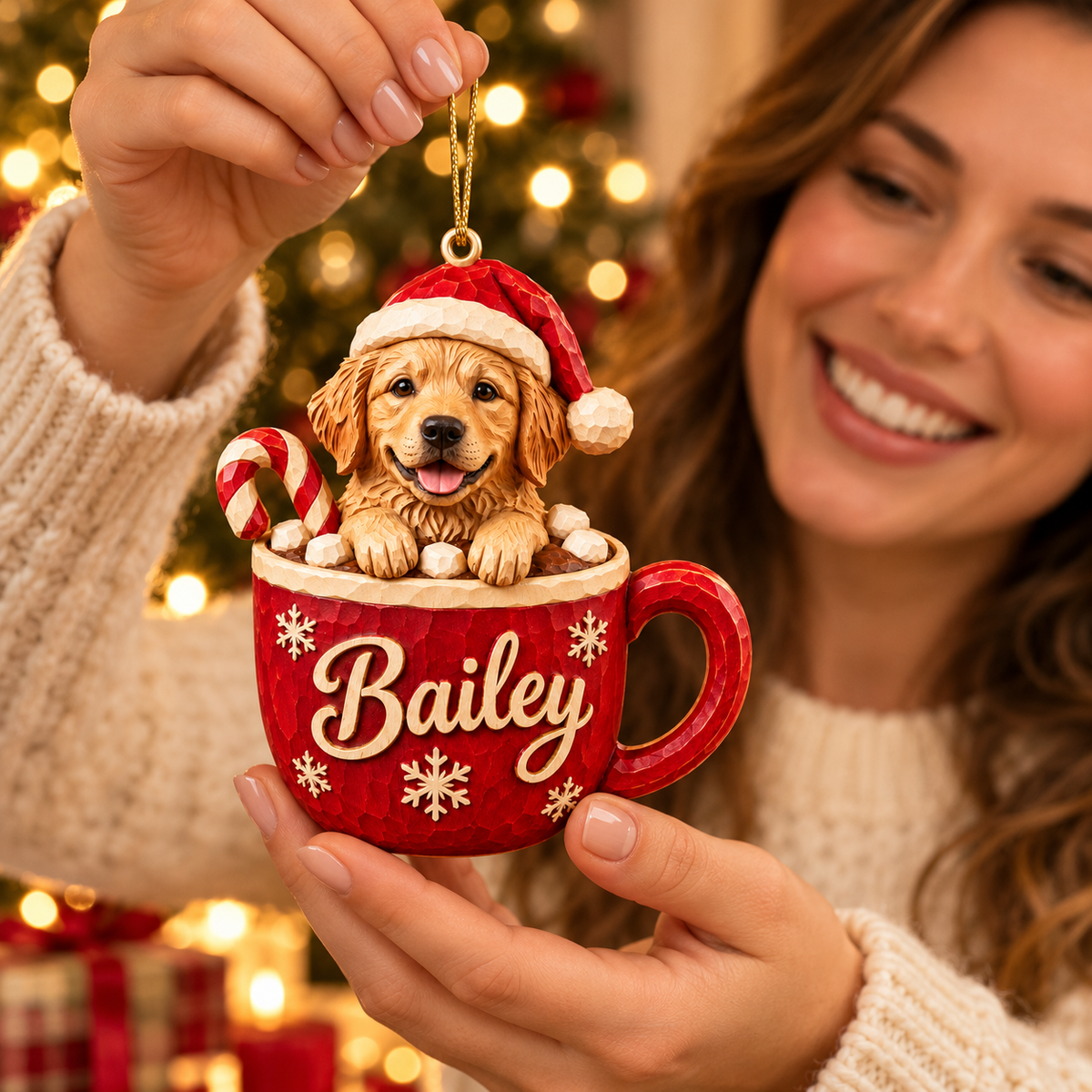Personalized Dog Christmas Ornament – Custom Pet Photo & Name, 3D Relief Hot Cocoa Mug Ornament, Christmas Gift for Dog Lovers 825defce-5652-452b-93dd-ffe5e7f20315-Bailey-puppy-ornament-gift-moment-2.png