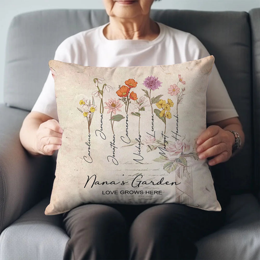 Personalised Family Watercolor Birth Flower Painting Cushion Throw Pillow Cover with 1-8 Names Mother's Day Birthday Gift for Grandma Mother