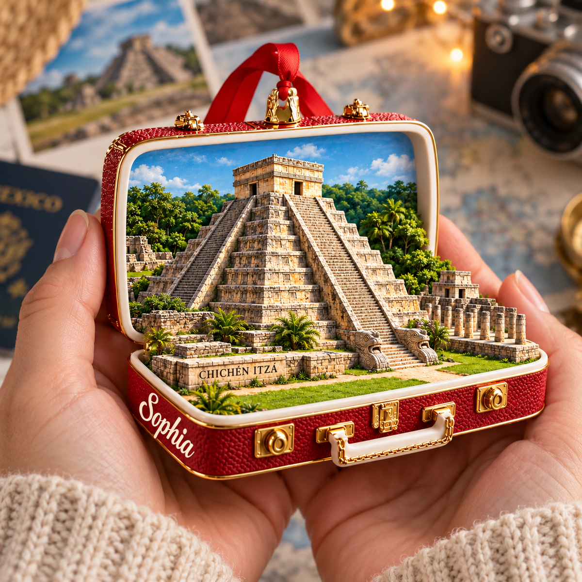 Personalized 3D Chichen Itza Suitcase Christmas Ornament – Yucatan Mexico Travel Souvenir & Gift for Mexico Lovers 8309a37c-ba34-4c44-b626-7e116f178d77-Red-suitcase-Chich-n-Itz-keepsake-4.png