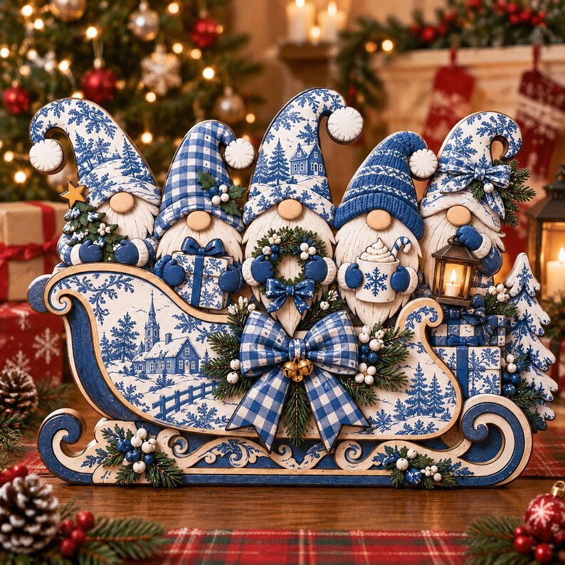 Blue Toile Christmas Gnome Wooden Block, Winter Sleigh Table Decor, Blue and White Holiday Shelf Decor, Christmas Gnome Gift For Family 83467916-1299-4700-890a-03bce9502c6b-hj3.jpg
