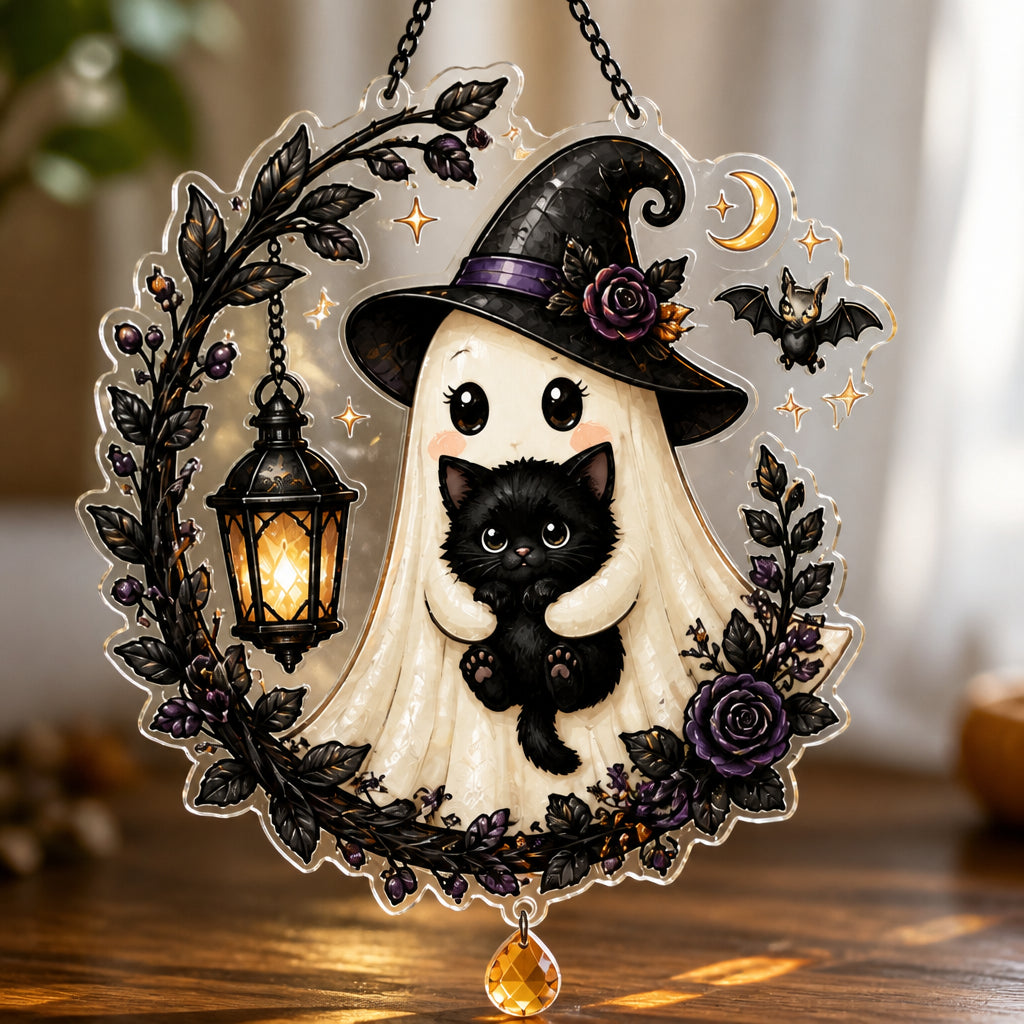 Cute Witch Ghost & Black Cat Halloween Metal Sign - 1 Layered Suncatcher with Charm 8384bebf-75aa-4f0b-a35f-2b6e13e38a3c.jpg
