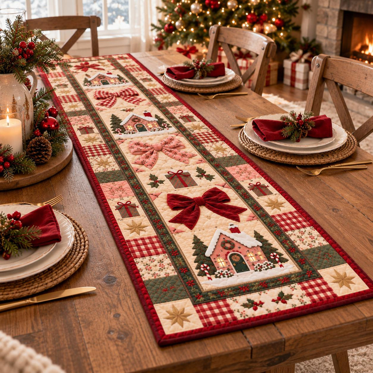Christmas Quilt-Style Table Runner, Gingerbread House, Red Bow Holiday Decor 83890071-a675-416b-988a-8042d12f353b-1.jpg