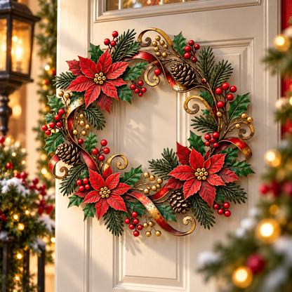 Christmas Poinsettia Metal Wreath, Holiday Door Decor With Holly, Pine Cones, Red Berries And Gold Ribbon 8398cce2-72dc-4e1f-b91c-4f793ac49bca-81697ffa-e2dd-46ce-af97-4e5c26426870.png